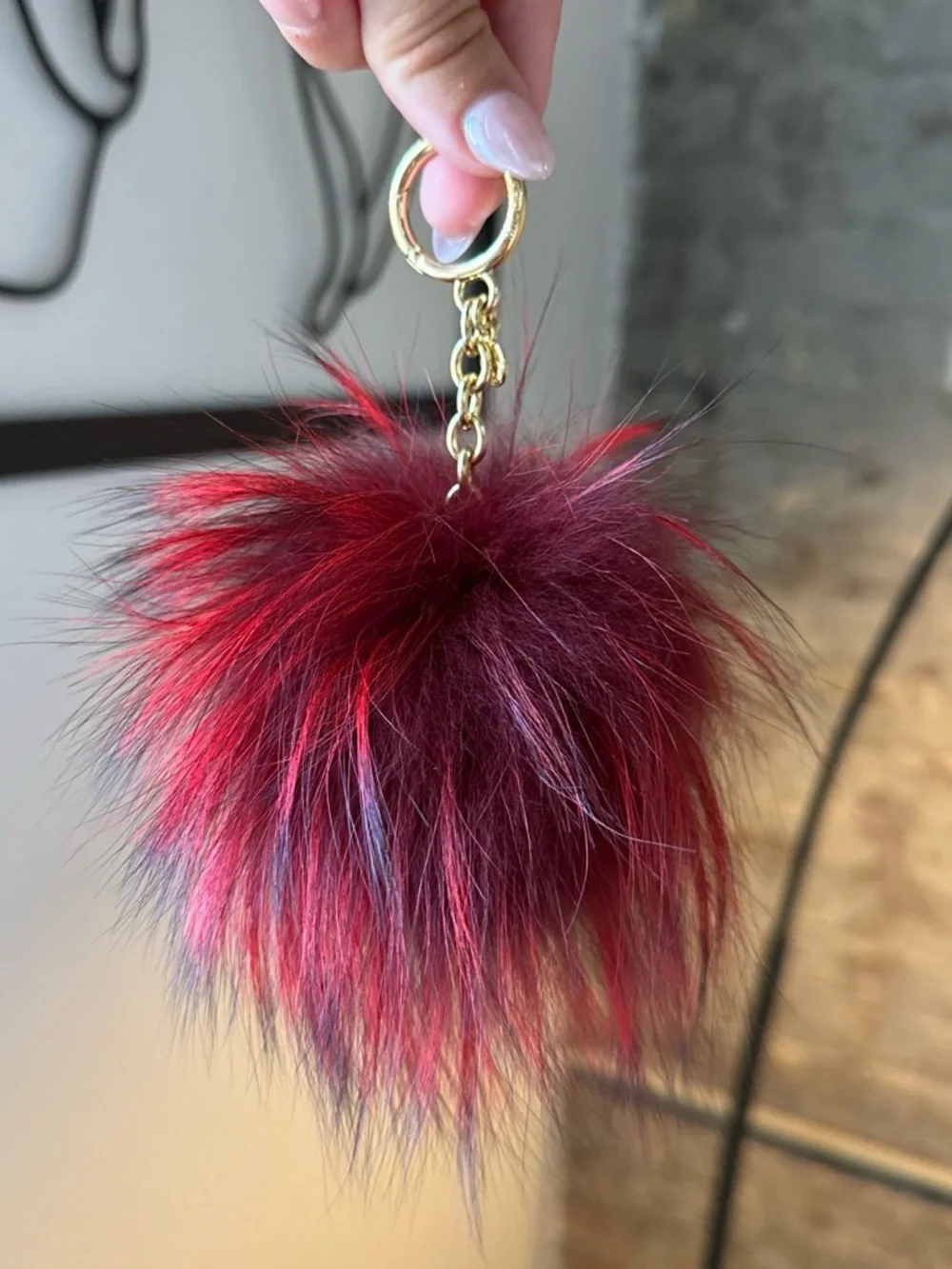 Michael Kors Red and Black Faux Fur Pom Keychain